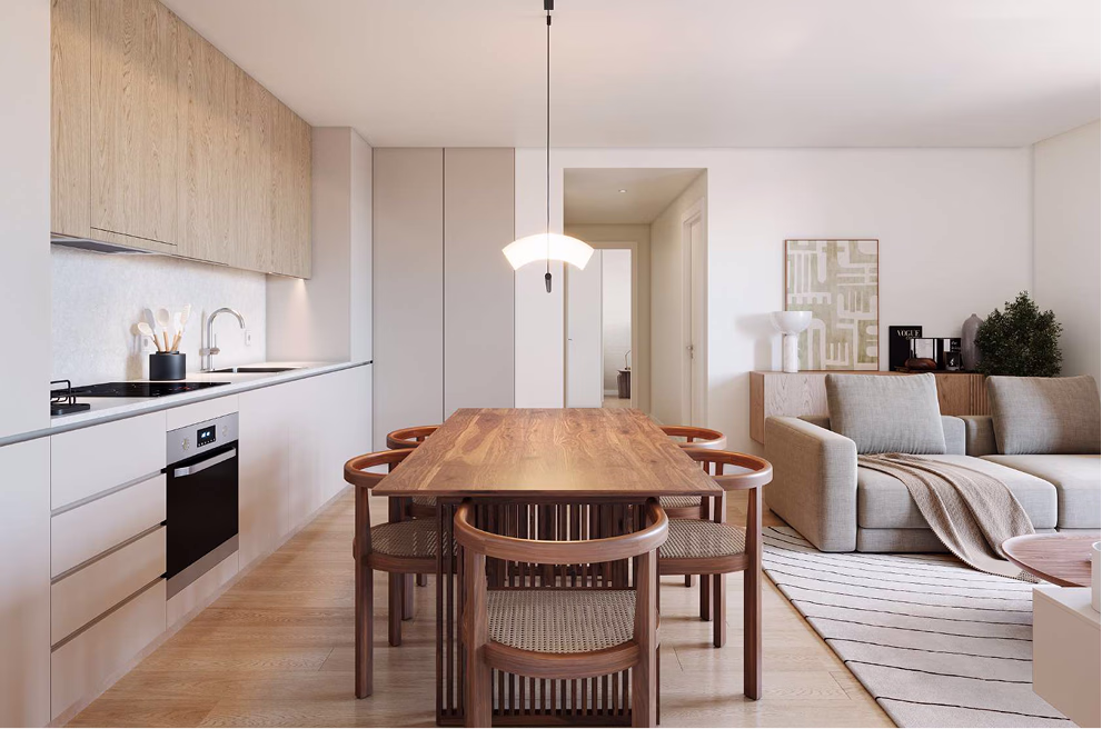 Interior de apartamento moderno em Portugal, com cozinha e zona de refeições